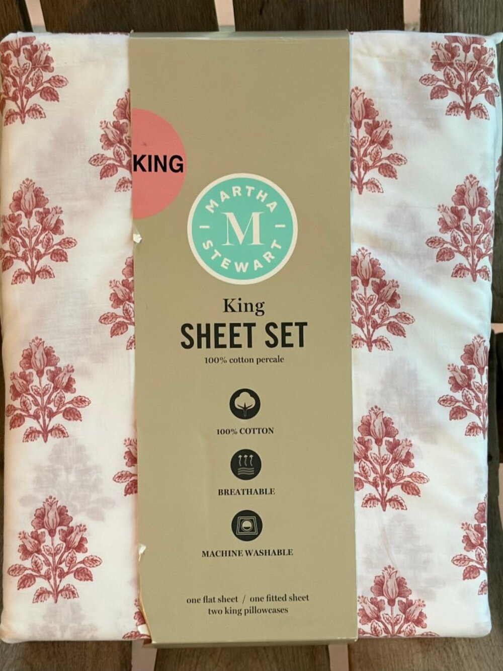 Martha Stewart KING Size DARCY PINK FLORAL 100% Cotton Percale Sheet Set